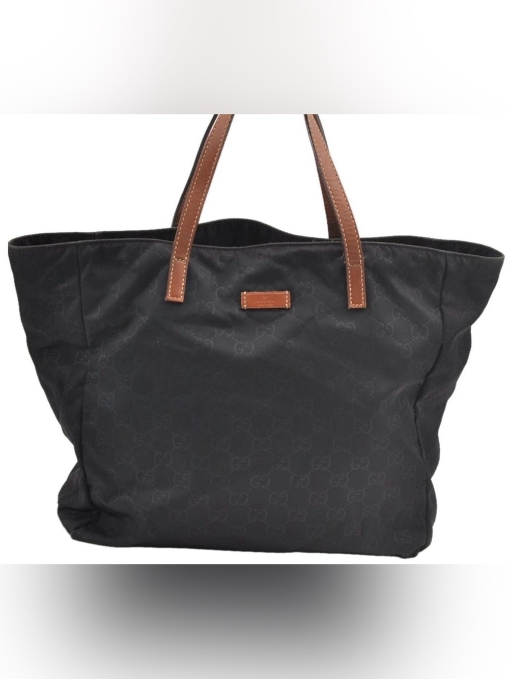 Gucci Black GG Canvas Tote with Brown Leather Handles